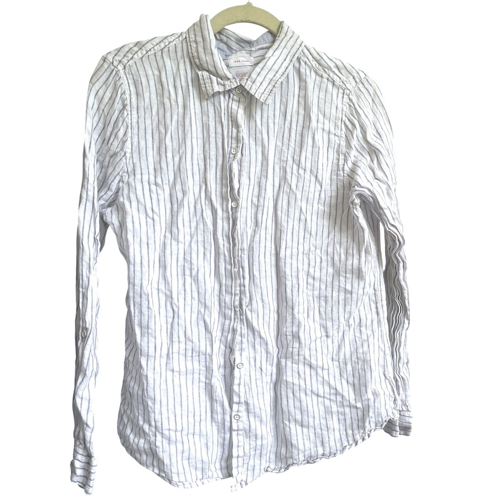 Sigrid Olsen Pure Linen White Button Down Shirt With‎ Blue Stripes L
